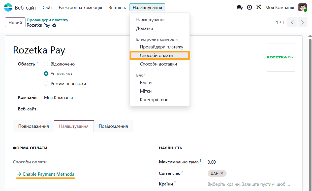 odoo website configuration enable payment methods rozetka pay